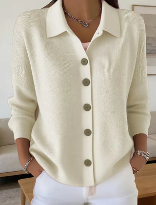Ivory button-front knit cardigan with point collar and dark buttons, long sleeves