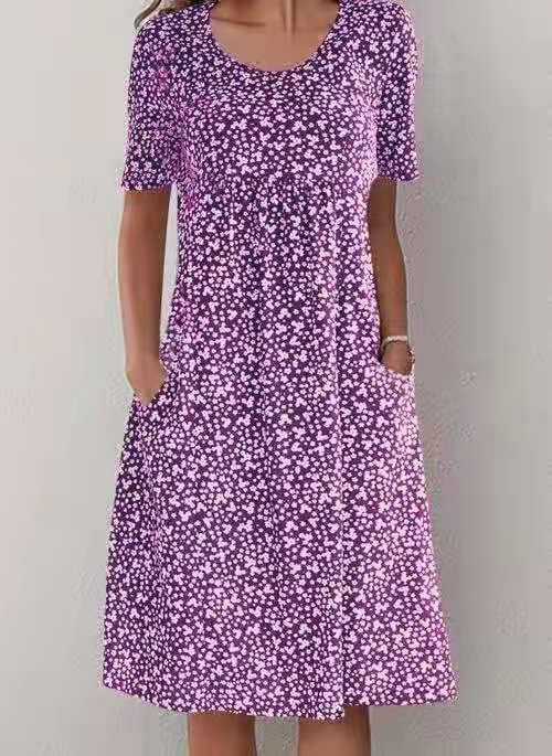 Purple round-neck floral dress with white speckle print and short sleeves