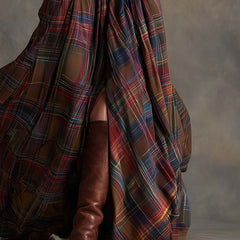 Belted plaid shirt dress skirt with front slit and gathered hem, long sleeves