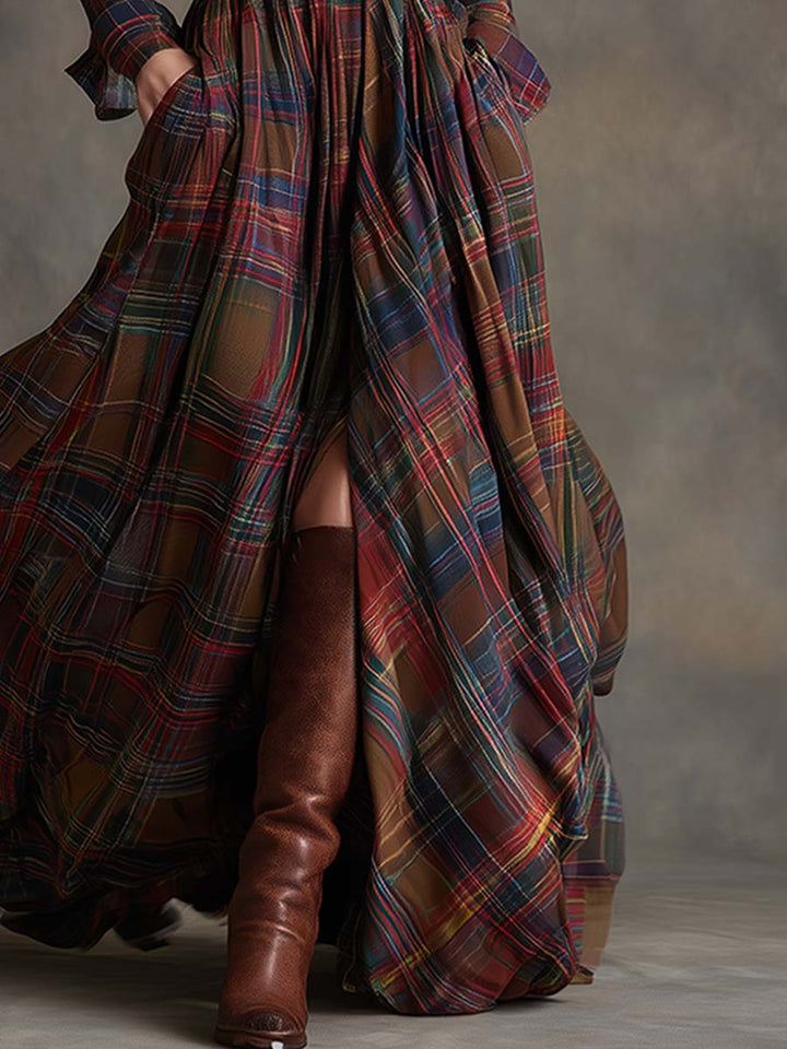 Belted plaid shirt dress skirt with front slit and gathered hem, long sleeves