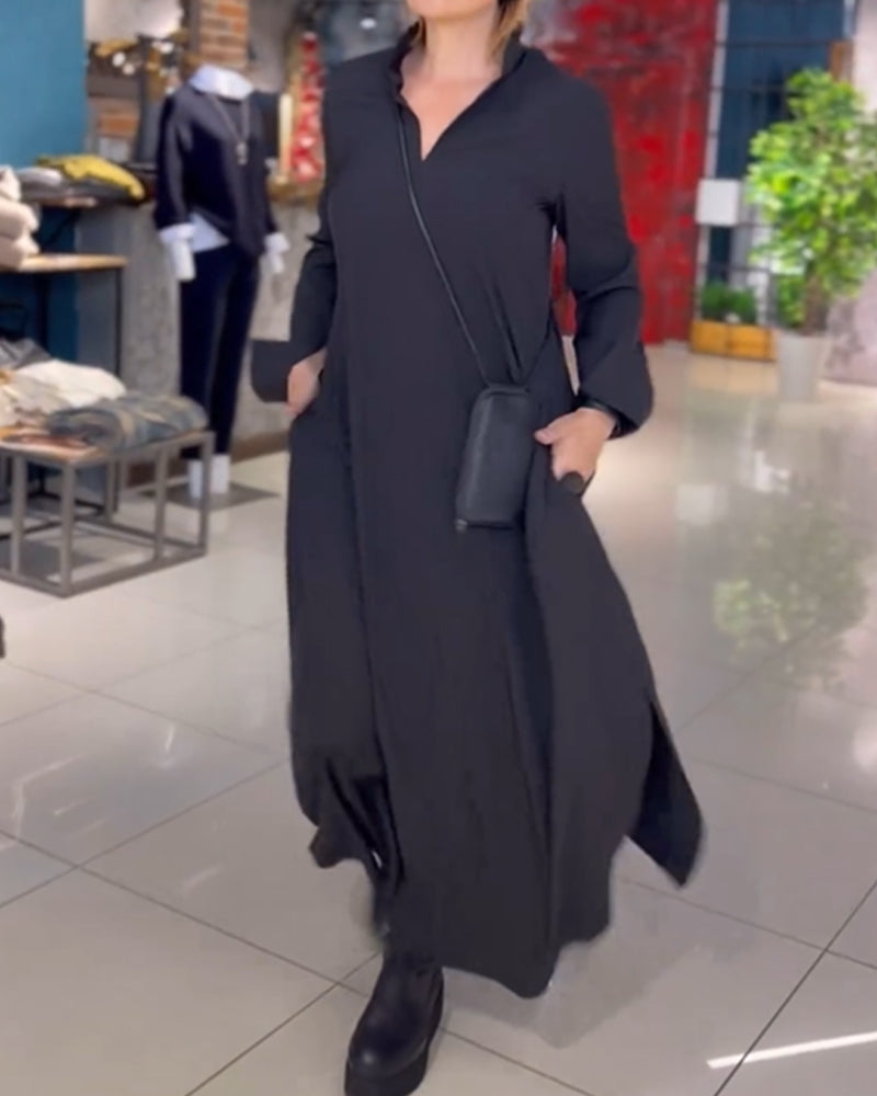 Black long dress, V-neck wrap front with 3/4 sleeves and waist tie