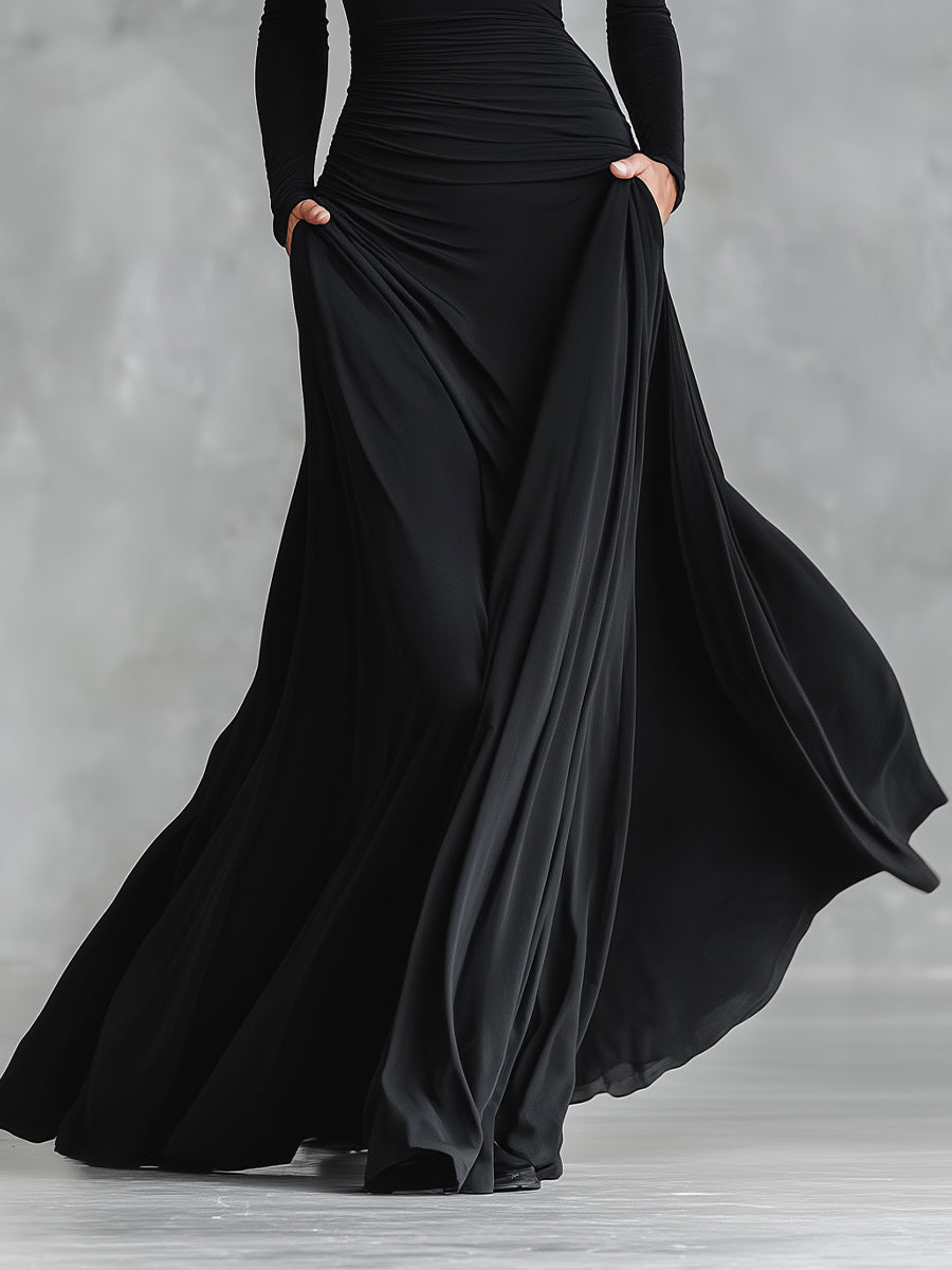 Black maxi dress skirt with gathered drape and flowing flare hem