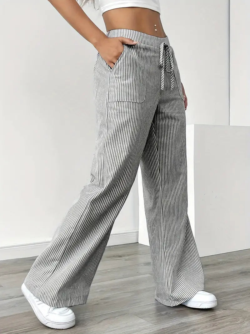 Relaxed wide-leg pinstripe pants, elastic drawstring waist, dark blue/white
