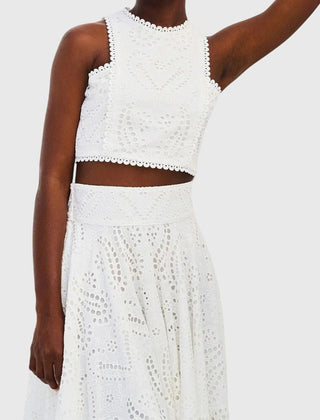 White lace crop top and matching midi skirt set with scalloped neckline and waist