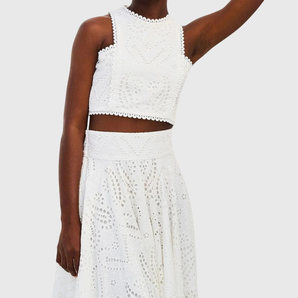 White lace crop top and matching midi skirt set with scalloped neckline and waist