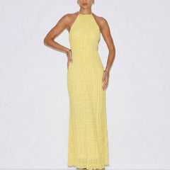 Yellow halter tiered midi dress with sleeveless smocked bodice