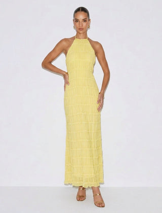 Yellow halter tiered midi dress with sleeveless smocked bodice
