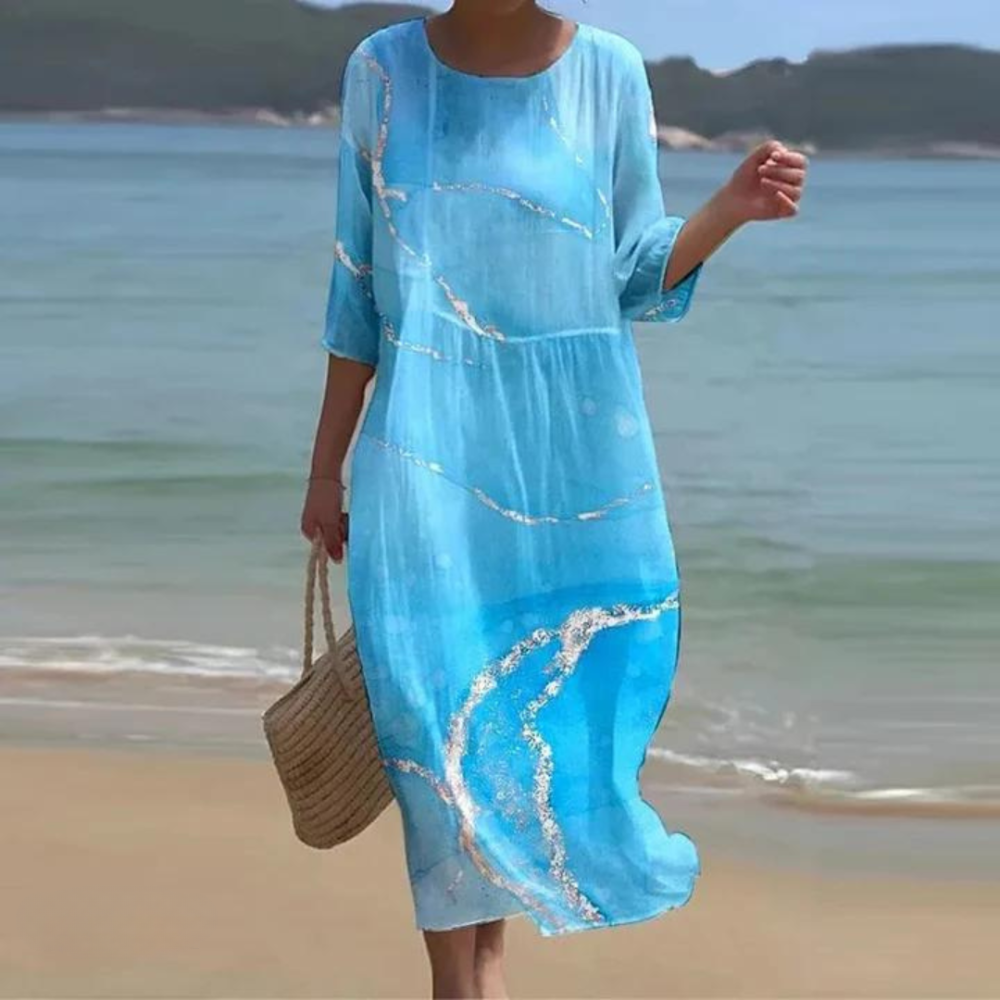 Knee-length short-sleeve dress with round neck, light blue watercolor with gold accents