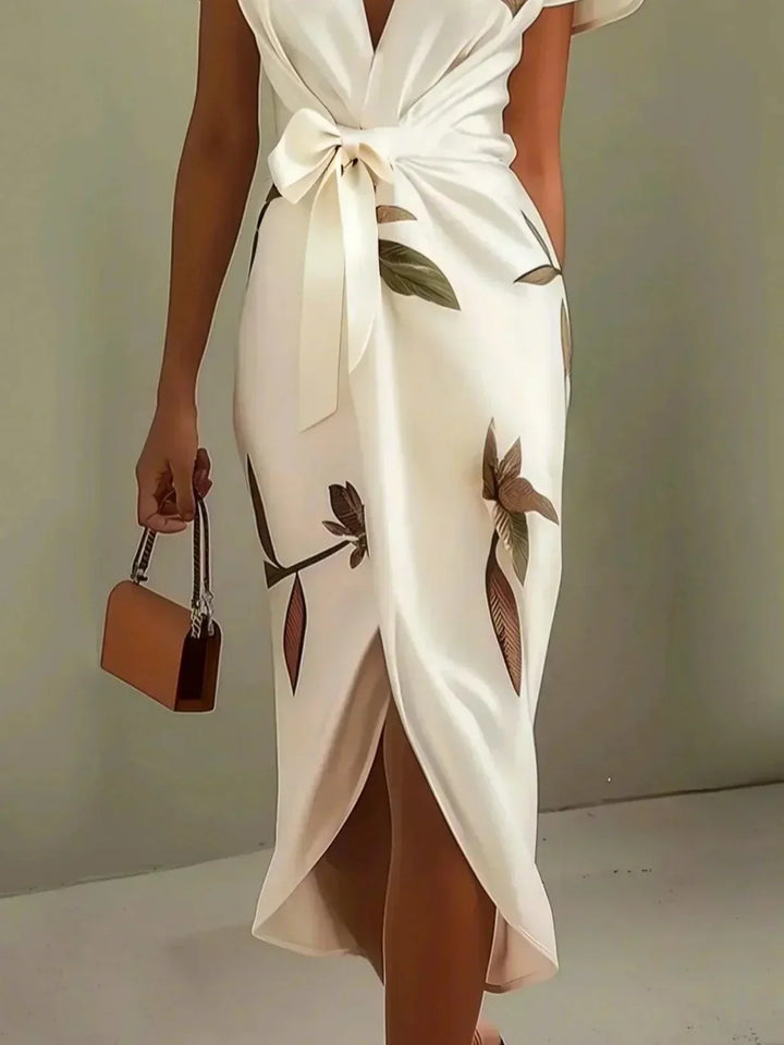 White wrap dress side view with draped skirt, tie waist, bird-and-leaf print
