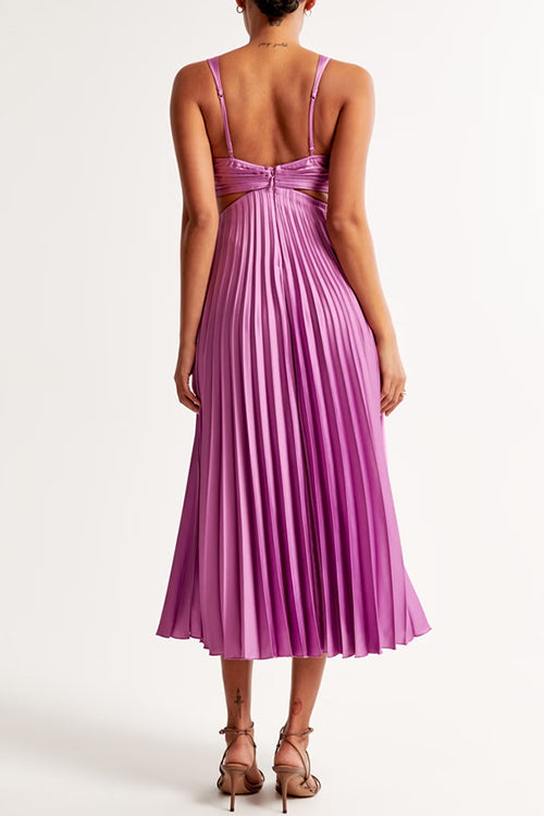 Purple sleeveless pleated midi dress with V-back and cut-out waist detail