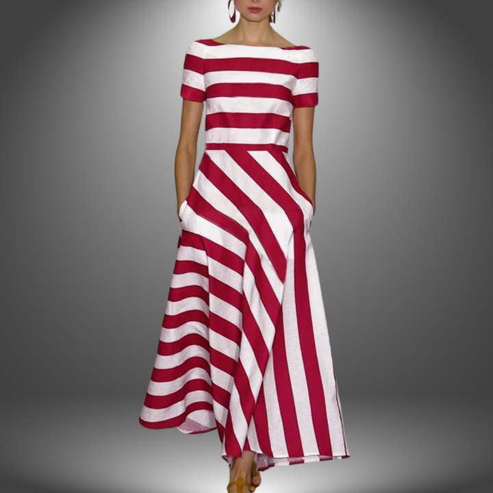 Red and white striped long maxi dress with short sleeves and fitted waist