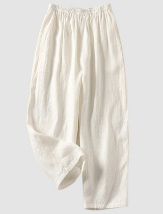 White linen wide-leg pants with elastic waistband, ankle-length