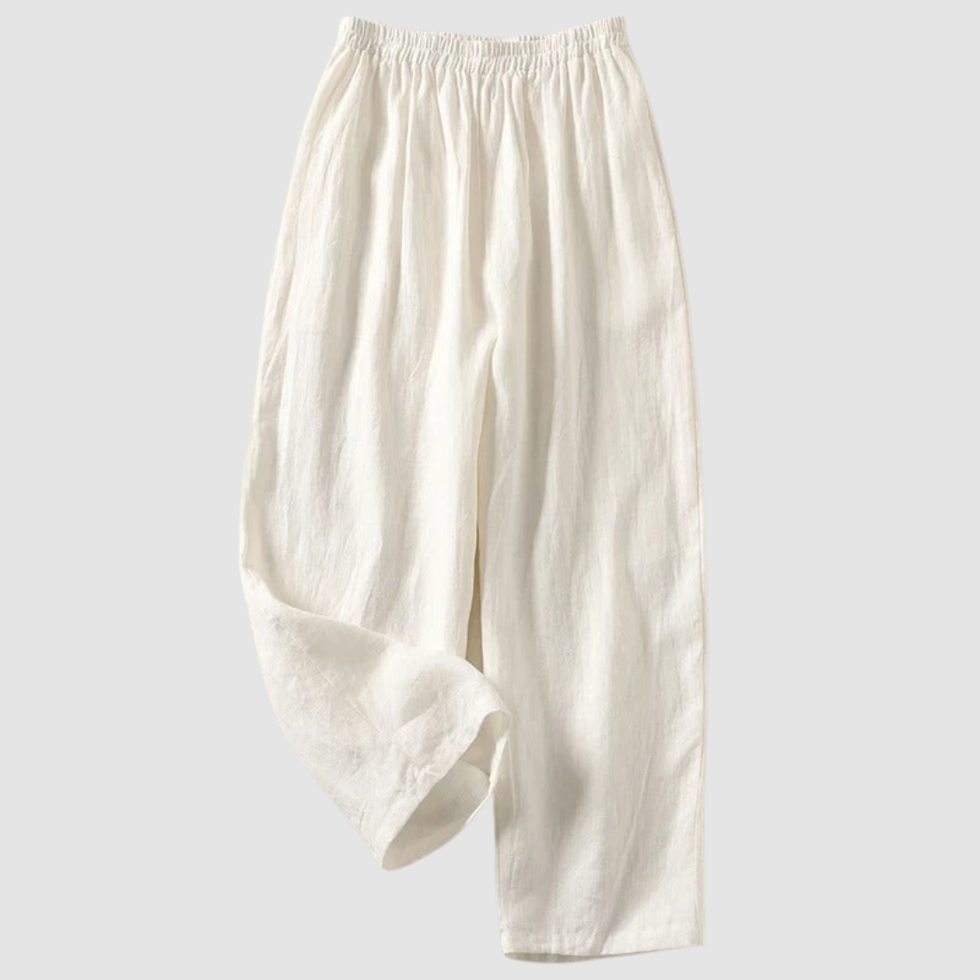 White linen wide-leg pants with elastic waistband, ankle-length