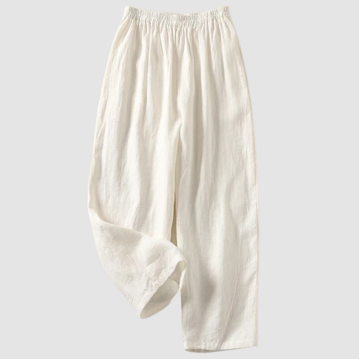 White linen wide-leg pants with elastic waistband, ankle-length
