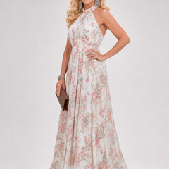 Floral halter midi dress with sleeveless bodice and flowing gathered skirt in light floral print