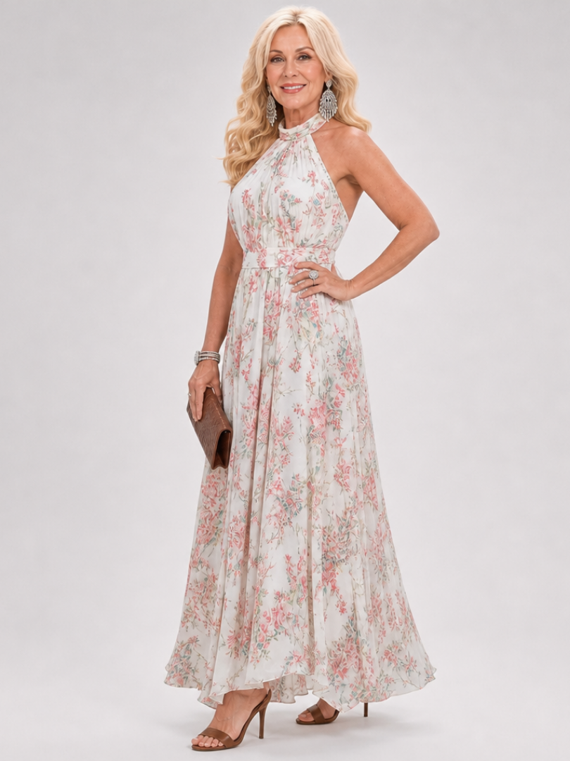 Floral halter midi dress with sleeveless bodice and flowing gathered skirt in light floral print