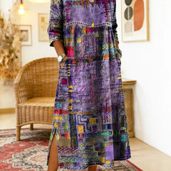 Purple and blue multicolor patchwork ethnic dress with 3/4 sleeves and round neckline, slit