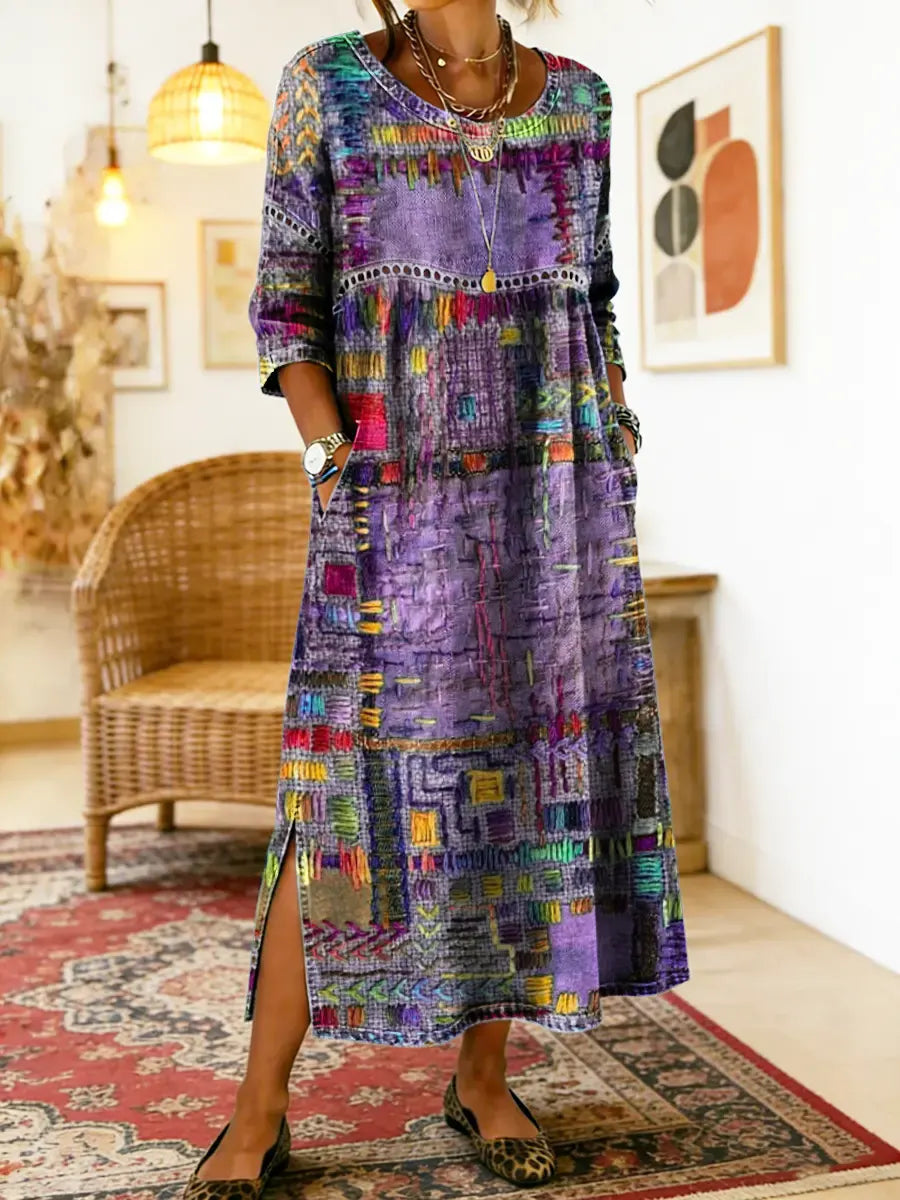 Purple and blue multicolor patchwork ethnic dress with 3/4 sleeves and round neckline, slit