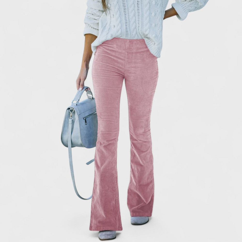 Flared corduroy trousers, dusty pink with vertical corduroy ridges