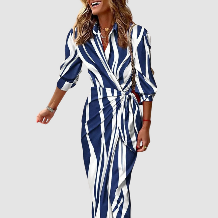 Navy and white vertical striped wrap dress with V-neck and waist tie