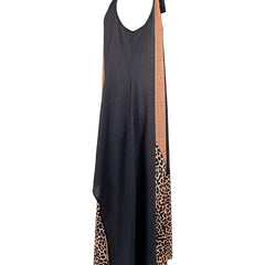 Halter maxi dress with dark solid side and leopard-print hem panel
