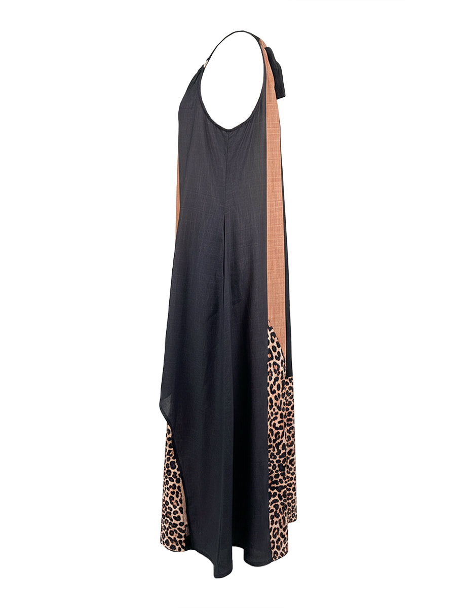 Halter maxi dress with dark solid side and leopard-print hem panel