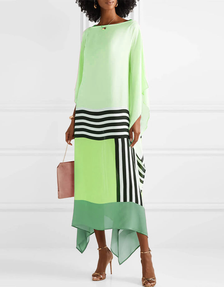 Regan light green kaftan with black-and-white striped border and handkerchief hem