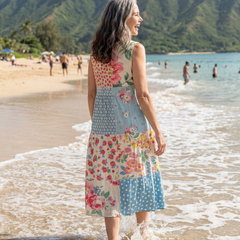 Floral midi dress, sleeveless scoop neck, knee-length multicolor floral dot print