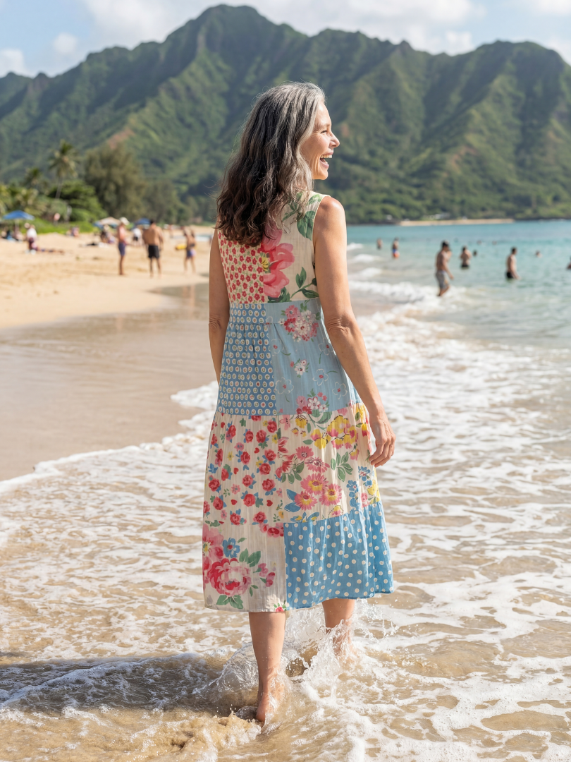 Floral midi dress, sleeveless scoop neck, knee-length multicolor floral dot print