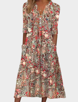 Red multicolor patterned summer dress with V-neck and center button placket