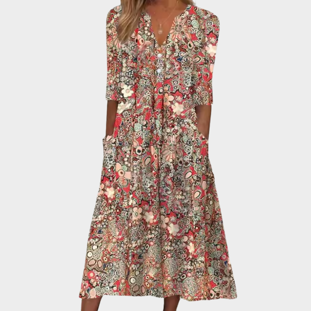 Red multicolor patterned summer dress with V-neck and center button placket