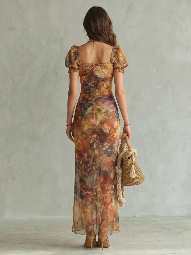 Multicolor ruched midi dress with ruffled puff sleeves and open back, floral print.