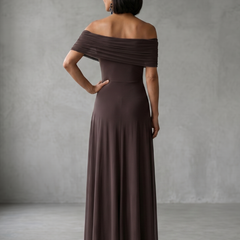 Off-shoulder draped midi dress in brown, back view with off-shoulder neckline