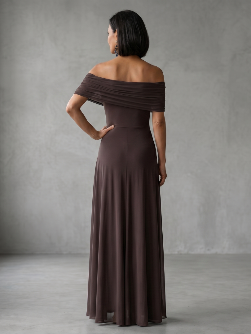 Off-shoulder draped midi dress in brown, back view with off-shoulder neckline