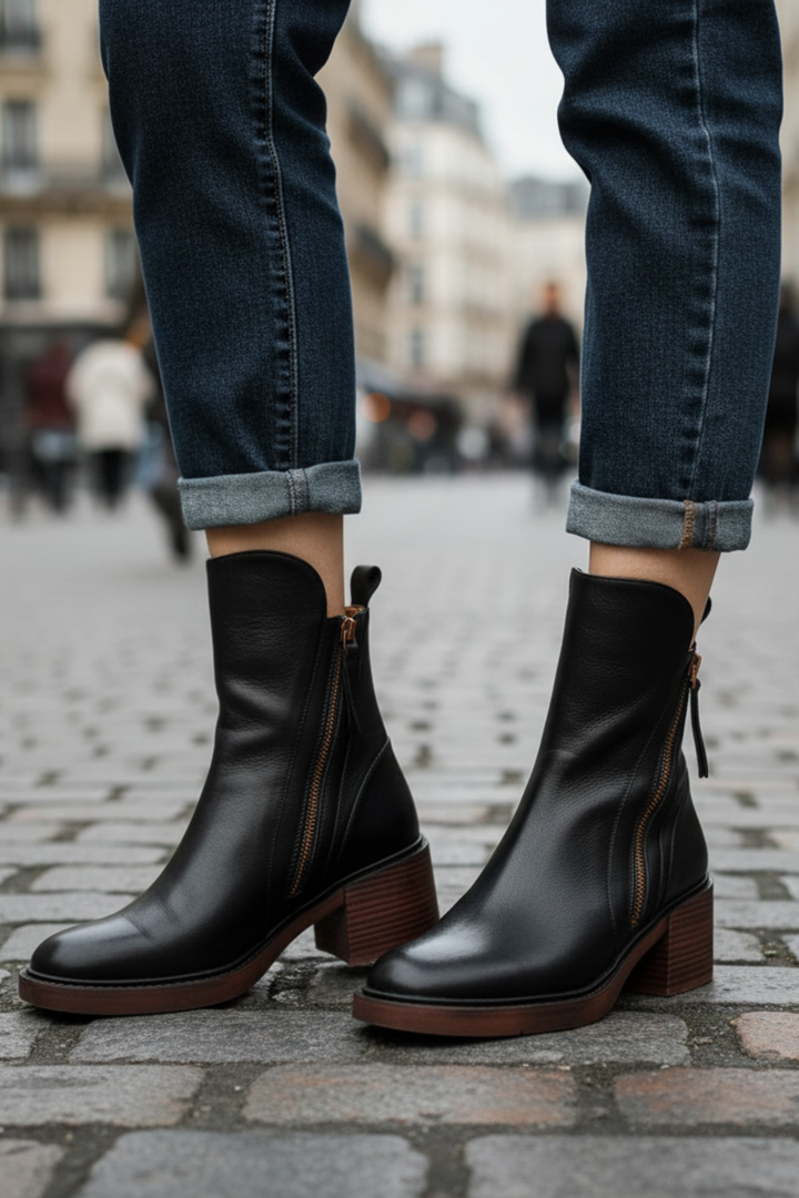 Black leather ankle boots with side zipper and tassel pull, block heel on city street.