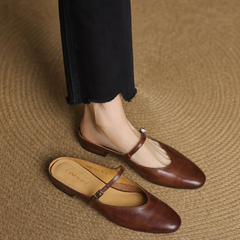Brown genuine leather mules with pointed toe and slim cross strap, low heel