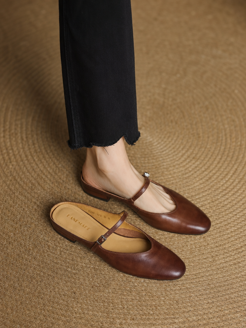 Brown genuine leather mules with pointed toe and slim cross strap, low heel