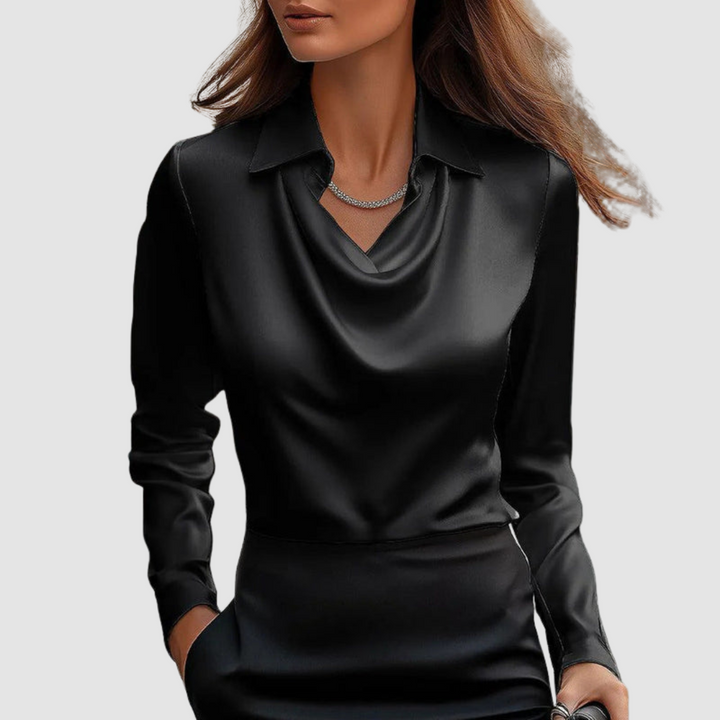 Black satin blouse with draped cowl neckline and pointed collar, long sleeves