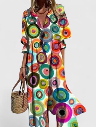 Colorful circle-print boho dress with V-neck, dark-button placket and long sleeves