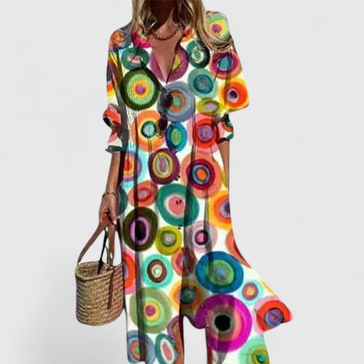Colorful circle-print boho dress with V-neck, dark-button placket and long sleeves