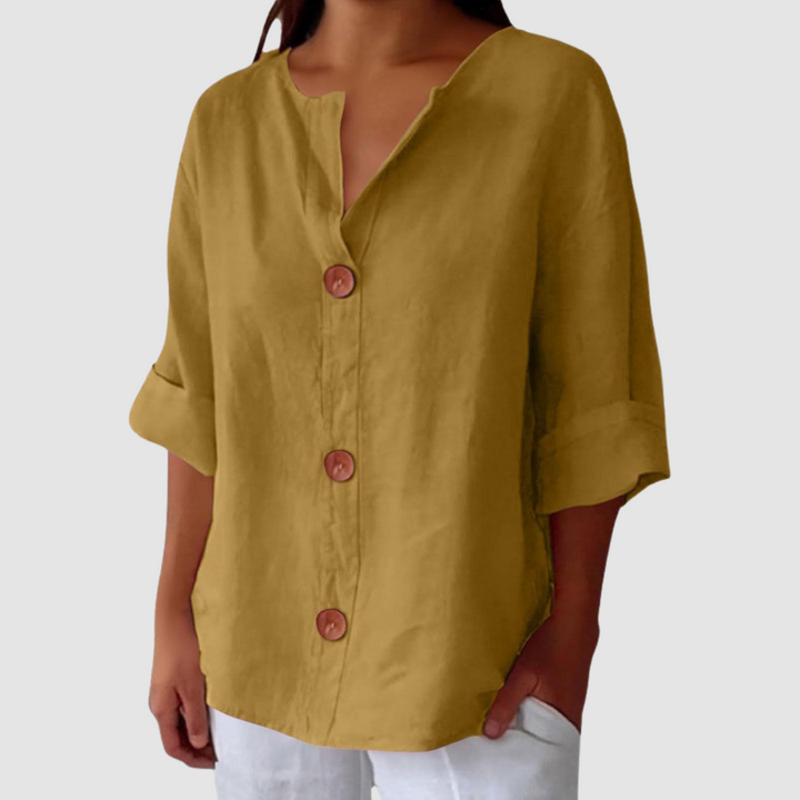 Yellow linen blouse with V-neck and button-front placket, short sleeves