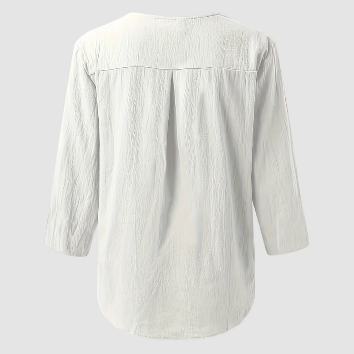 Melisa™ casual cotton-linen blouse, white back view with gathered yoke and pleats