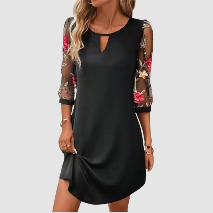 Black floral print summer dress with three-quarter sleeves and keyhole neck cutout