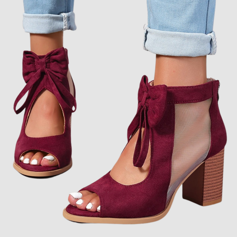 Women's orthopedic burgundy bow heels with mesh sides and chunky block heel, peep toe