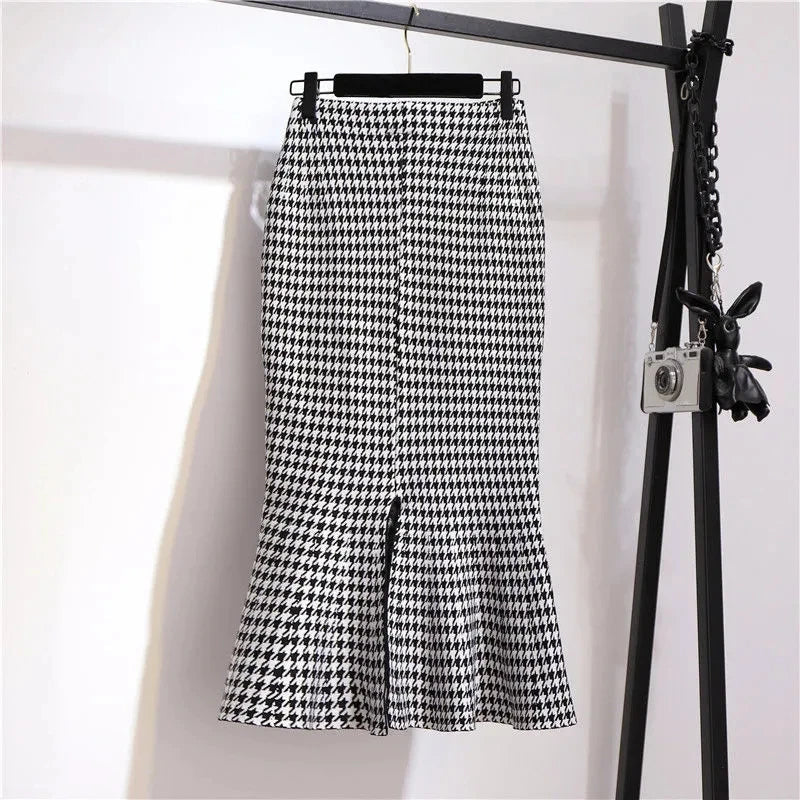 Houndstooth asymmetric mermaid skirt with front slit and flared mermaid hem