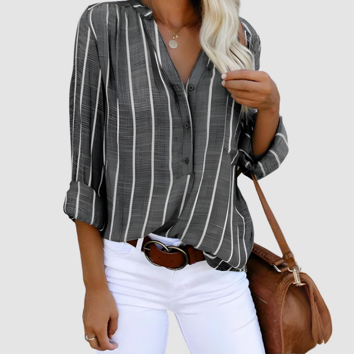 Gray striped button-up blouse with V-neck collar and three-quarter sleeves