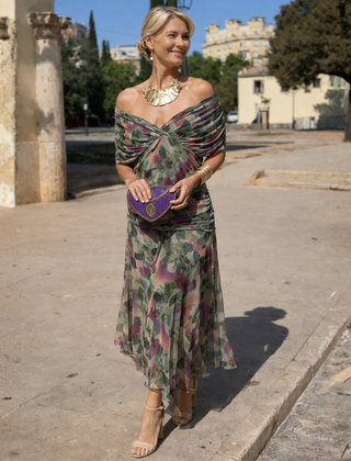 Lydia Off Shoulder maxi dress, green and pink floral print, off-shoulder twist bodice
