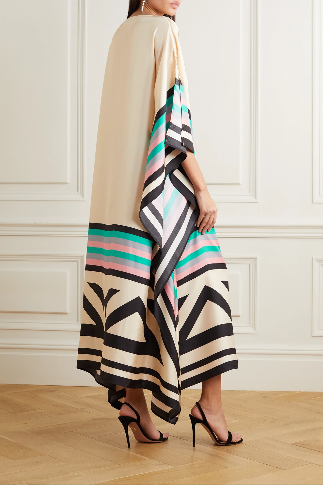 Beige geometric kaftan with multicolor geometric border print and flowing draped hem