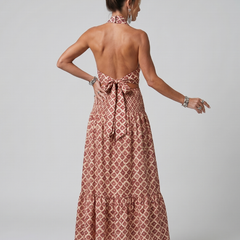 Geometric print halter midi dress with crisscross open back and tied waist