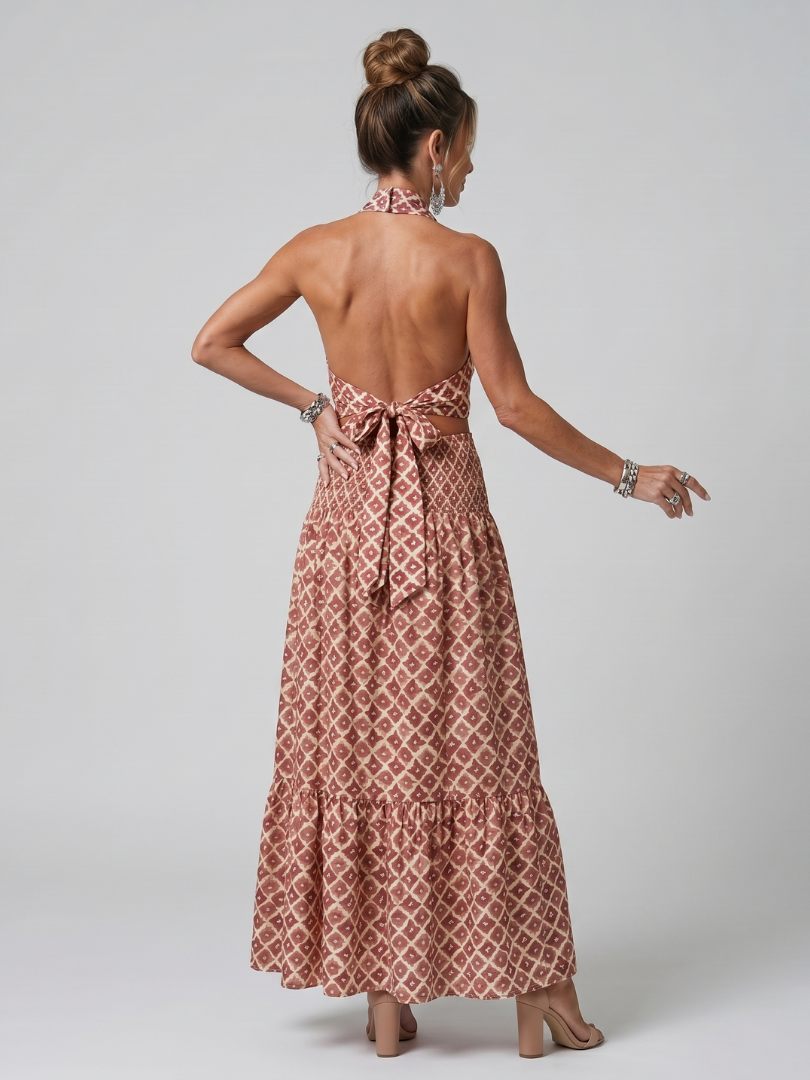 Geometric print halter midi dress with crisscross open back and tied waist